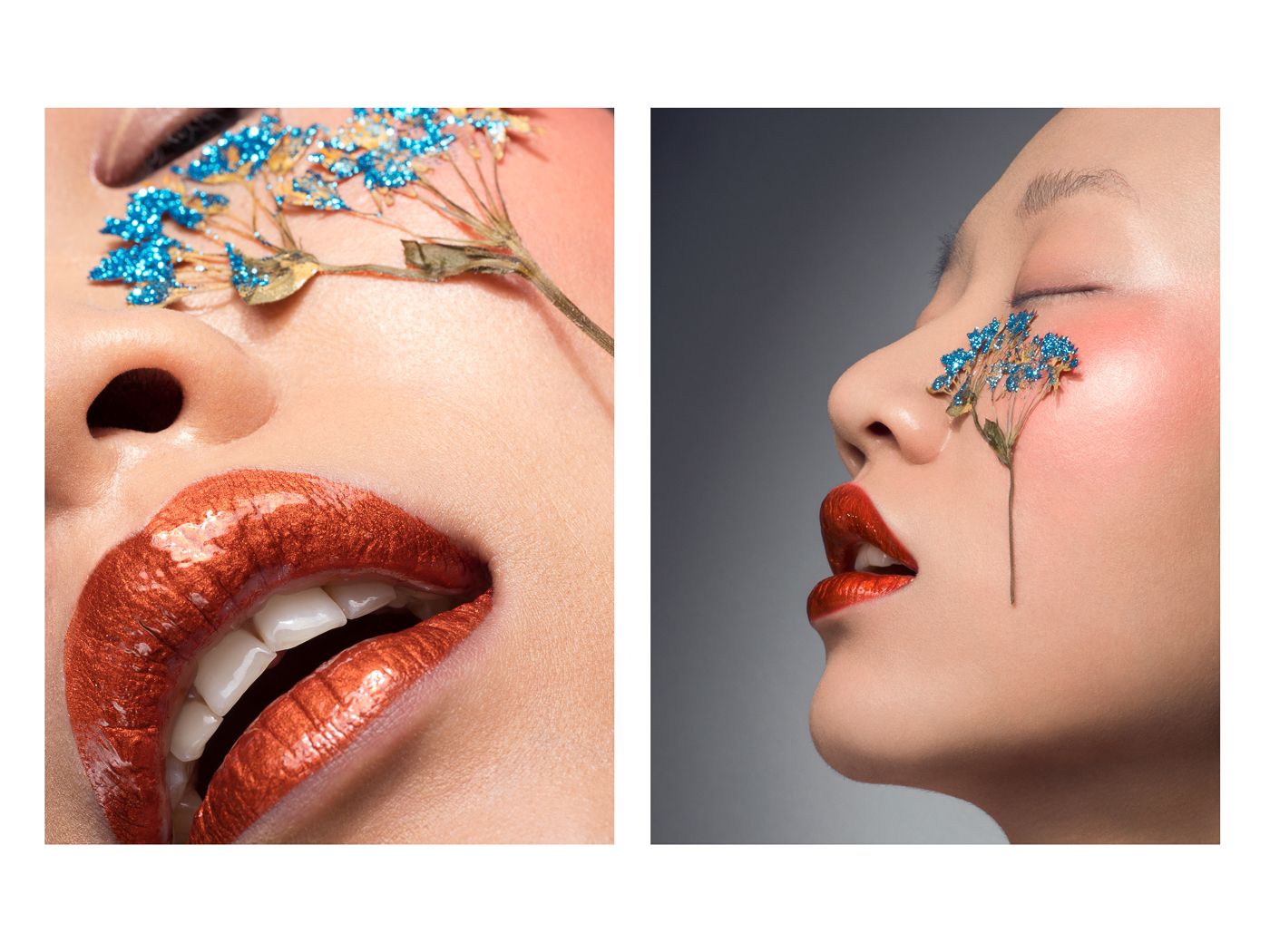 macro-foto mit glossy lippen und augen, und glitzer-blumen, von simone zbinden visagistin, winterthur