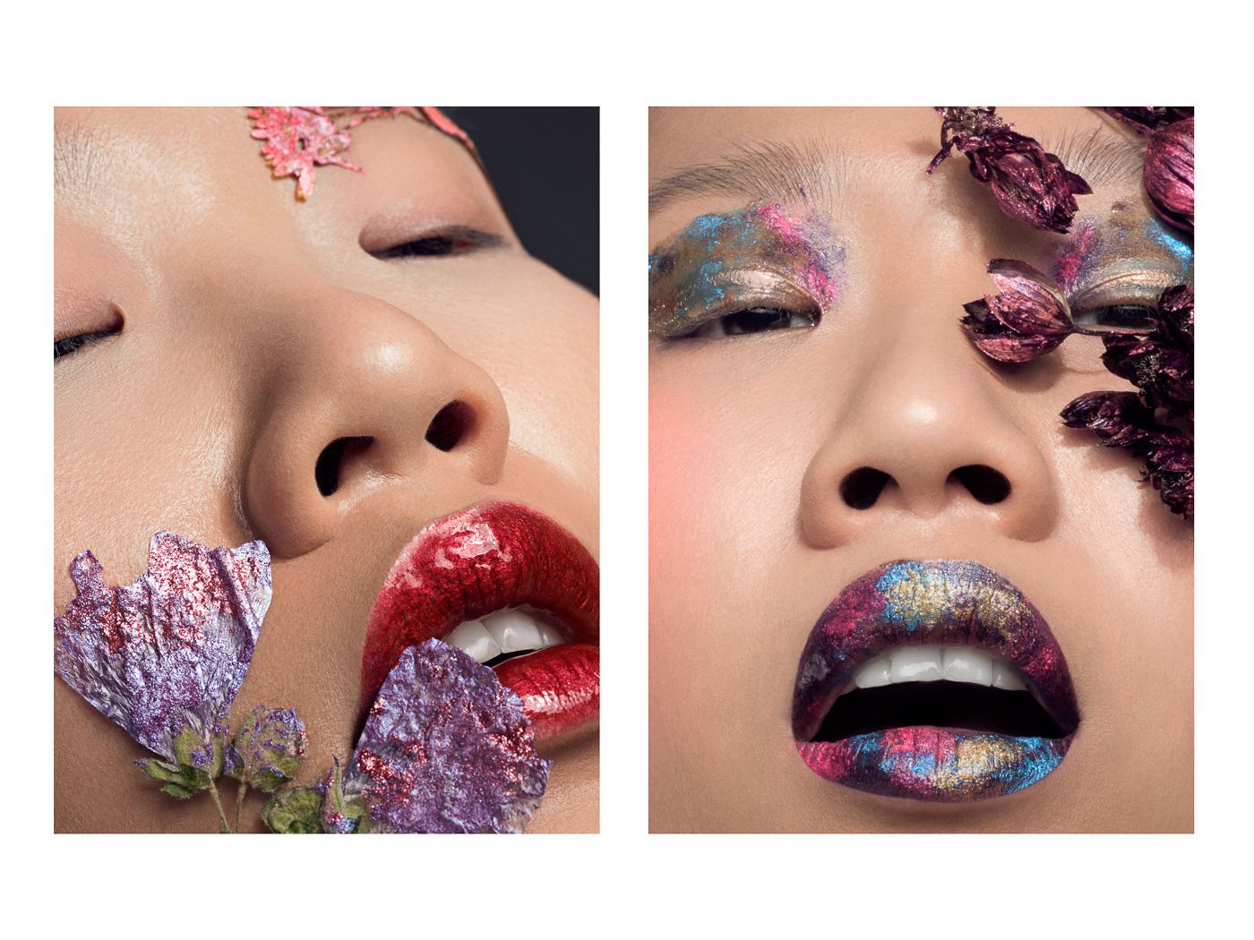 macro-foto mit glossy lippen und augen, und glitzer-blumen, von simone zbinden visagistin, winterthur